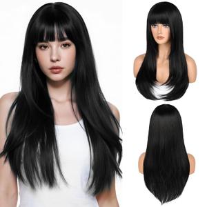 Wig with Bangs Long Straight Wig for Women, Layered Heat Resistant Synthetic Wigs for Daily and Party Use(Black, 26 Inch)