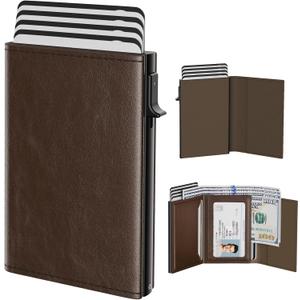 typecase Mens Wallet Card Holder: Pop Up Aluminum Case, Genuine Leather, Smart, RFID Blocking, Slim, Minimalist, Front Pocket - 9-14 Card Capacity | ID Window | Cash Slot (Black Brown)