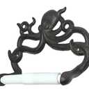 Octopus Toilet Paper Roll Holder – Cast Iron Decorative Wall Mount – Distressed Nautical Finish with Mounting Hardware (Marine Dark Brown)