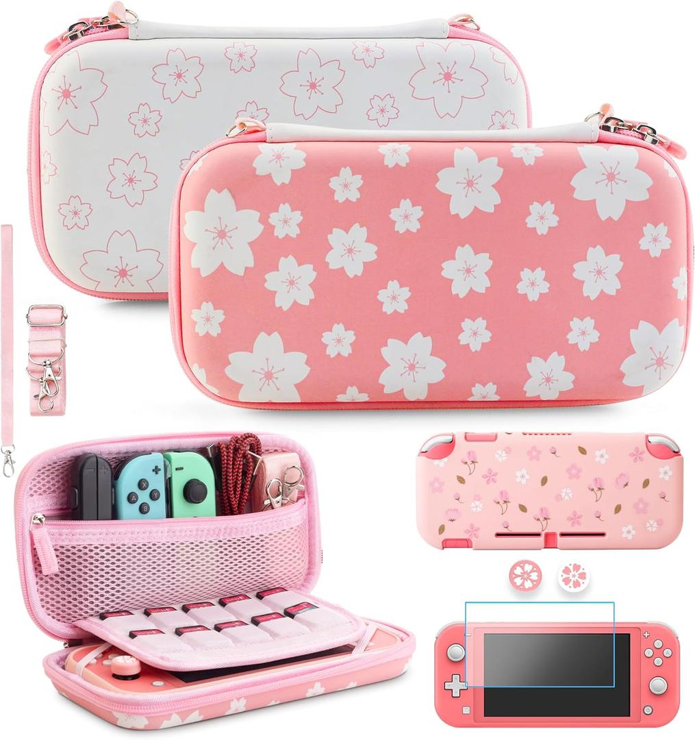 GLDRAM Accessories for Nintendo Lite, Portable Carrying Case with 10 Card Slots, Switch Lite Travel Bag with TPU Protective Skin, Screen Protector, Shoulder Strap, Wrist Strap and 2 Sakura Thumb Caps (Pink-White Sakura)