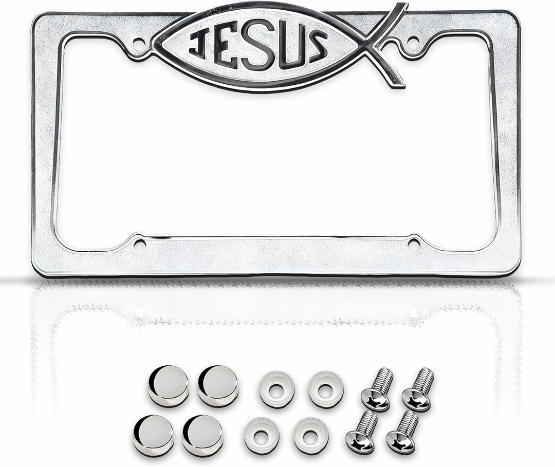 Premium Chrome Christian Fish Jesus License Plate Frame with 4 Screw Caps, Street Legal Universal Fit for Cars & Trucks, Heavy Duty Rust-Free Zinc Chrome Christian Fish Jesus License Plate Frame