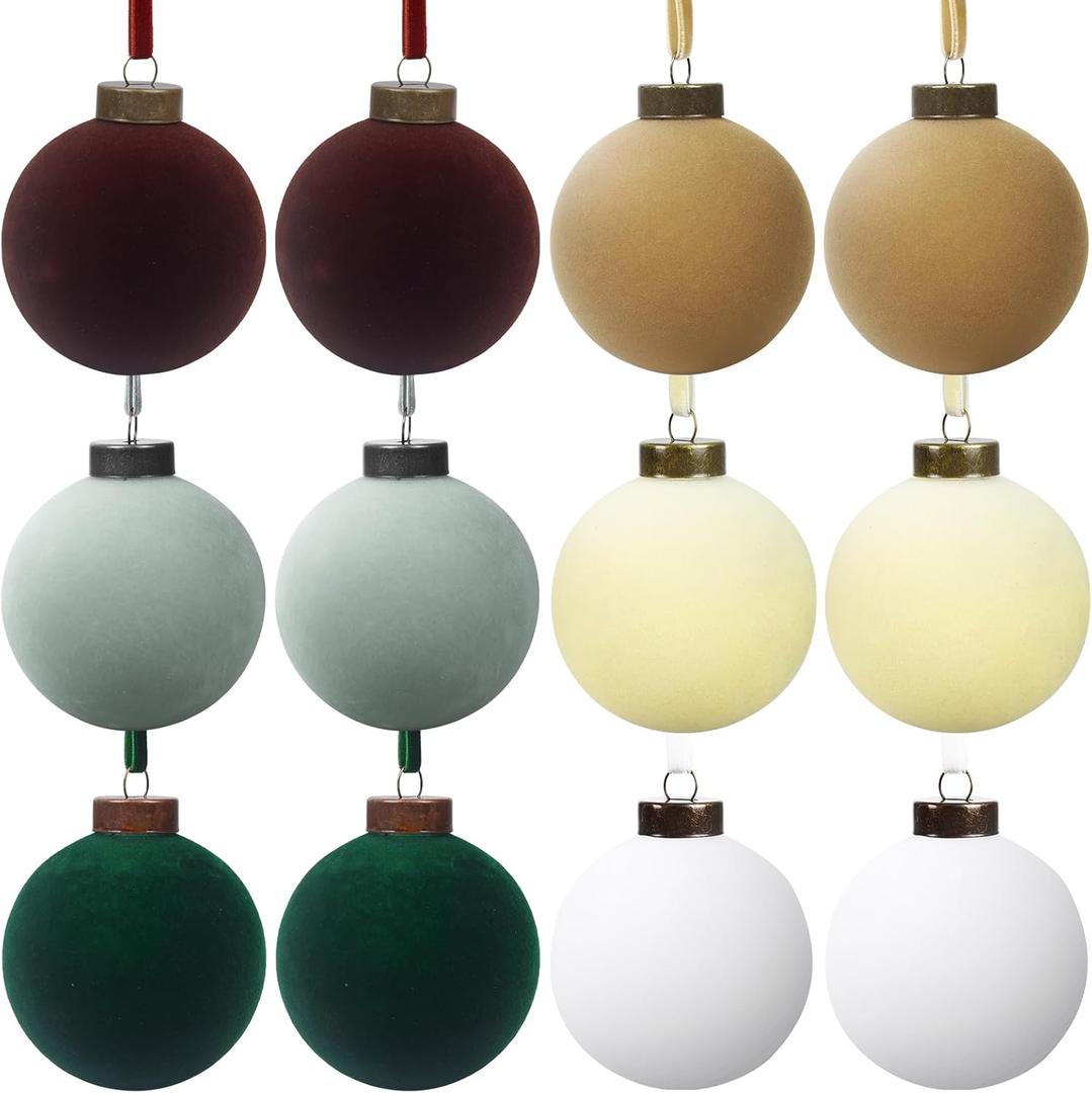 12 Pcs Velvet Christmas Balls Bulk Shatterproof Plastic Christmas Tree Decorations for Decorative Hanging Baubles (12, CoffeeWhiteHaze BlueBeigeBlackish GreenKhaki, 3.94Inch)