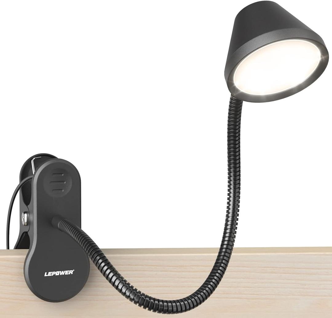 LEPOWER Clip on Light, Reading Lights for Books in Bed with 5 Colors & Stepless Dimming, RG0 Eye-Care, Auto Timer & Night Light, Strong Clamp for Headboard, Bedside, Desk, Black