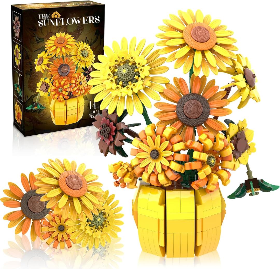 Flowers Building Sets for Adults, Van Gogh Prints Art Botanical Collection for Woman Girls 14+, Sunflowers Pot Bouquet Plants Kits Compatible with Lego Flowers, Home Decor
