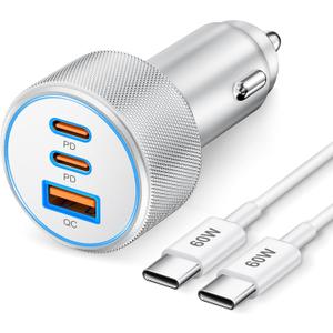 67W 3-Port Super Fast Type C Car Charger USB C for iPhone 17/Air/16/16e/15 Pro Max, Samsung Galaxy S25 S24 S23, Pixel, Android, Car Adapter Accessories for Men Women + 3FT USB-C Cable Silver