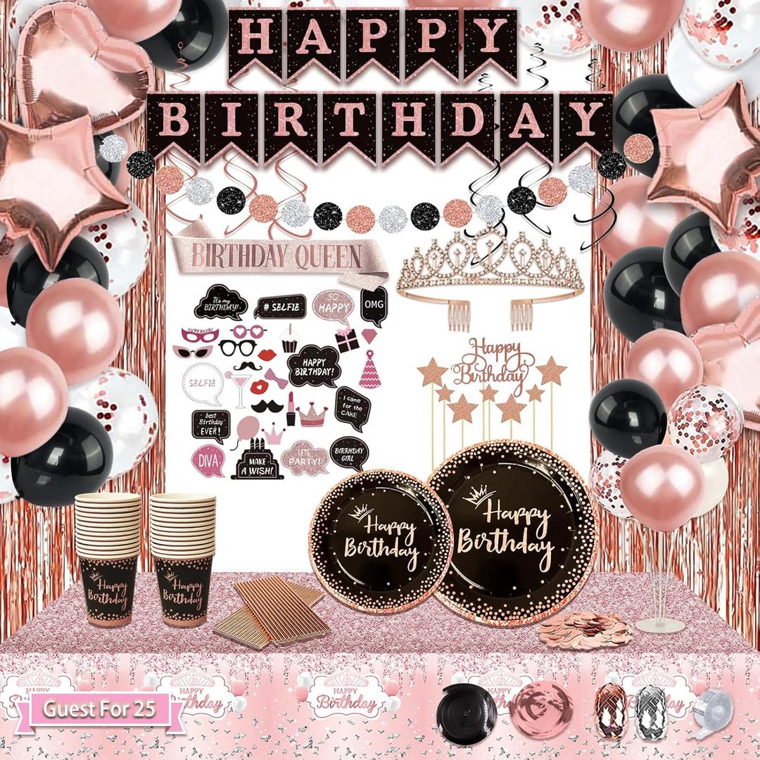 Birthday Decorations For Women, 229 Pcs Rose Gold and Black Happy Birthday Supplies - Disposable Dinnerware Set with 25 Guest, Balloons, Sash, Tiara, Banner, Fringe Curtain, Photo Booth Props