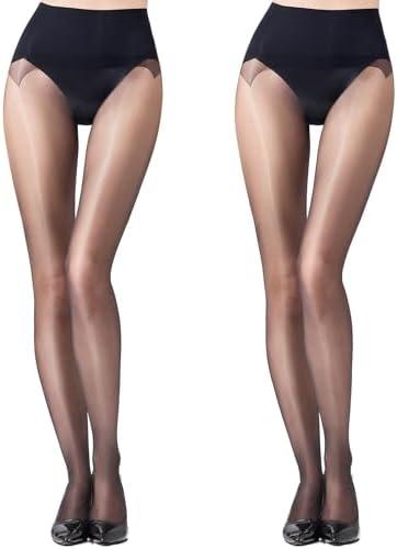 Aaronano 2 Pairs Women's Sheer Seamless Pantyhose Shiny Tummy Control Tights 20D High Elastic Shimmer Silk Stockings M Black