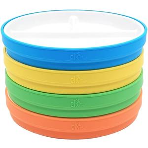 Elk and Friends Kids 7.8 Porcelain White Plates with Silicone Sleeves | Divided Plates | Suitable for Kids/Toddlers | Microwave & Dishwasher Safe | Non Slip | Snack Dishes (Green/Orange/Blue/Yellow)