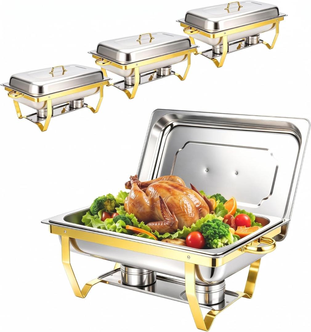 9QT Gold Chafing Dishes for Buffet, Golden Chafing Dish Buffet Set
4 Pack Rectangular Stainless Steel Gold Food Warmers for Parties Buffet, Elegant Gold Chafers and Buffet Warmers Sets