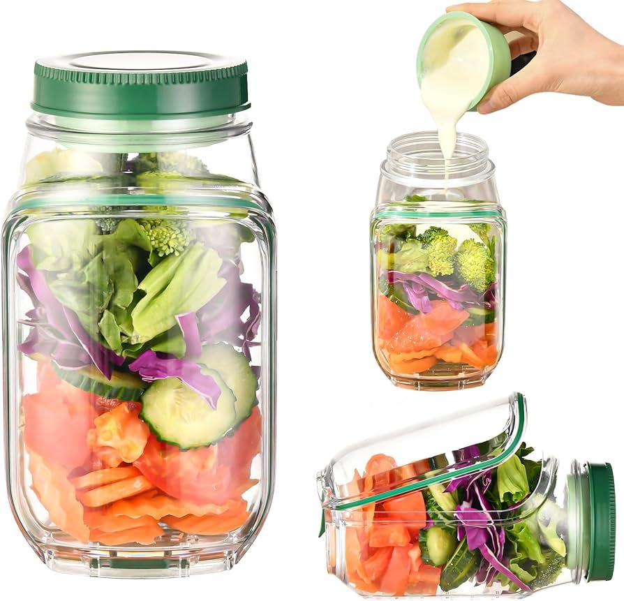 Salad Container with Side Opening  Leakproof Portable AllinOne Meal Prep Jar with Dressing Cup & Lid, Dishwasher & Freezer Safe for Office, School, Travel and Outdoor Fresh Lunches OntheGo
