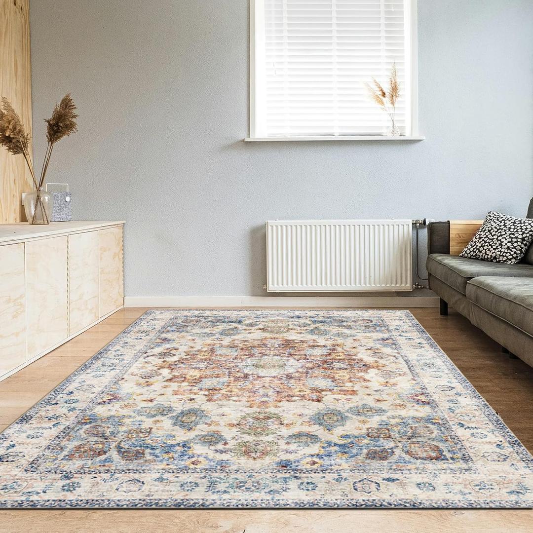 Area Rug 57, Vintage Boho Rug,Ultra-Soft Low Pile, Washable, Non Slip,Stain Resistant Printed Carpet for Living Room Bedrooms Playroom Office Kitchen, Blue/Red