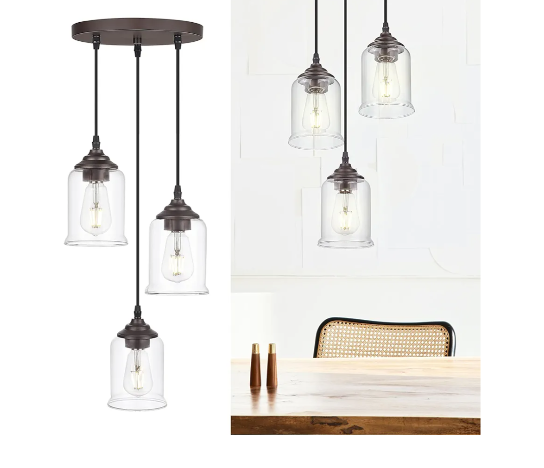 zeyu 3Light Cluster Pendant Light, Farmhouse Hanging Lights for Kitchen, Oil Rubbed Bronze Pendant Light Fixtures Adjustable with Clear Glass Shade, ZSL1043 ORB