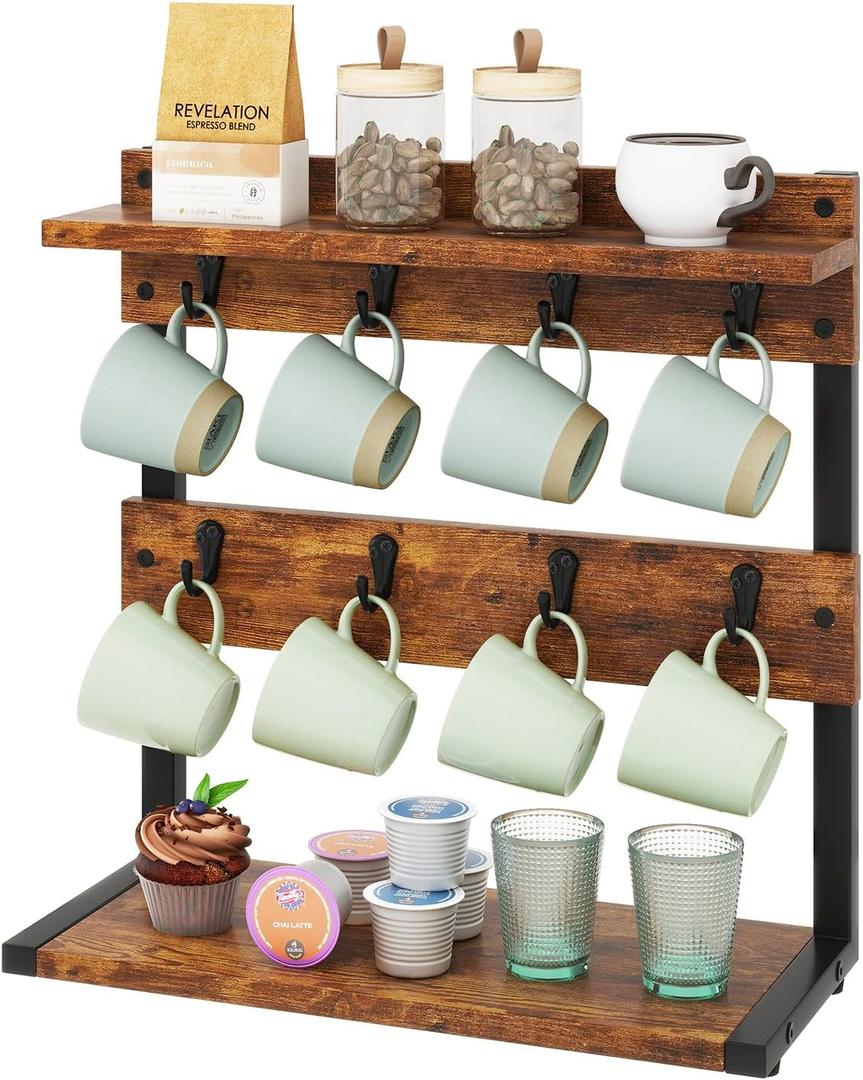 IBUYKE Rustic Coffee Mug Holder Stand, 2 Tier Countertop Mug Tree Holder Rack with Storage Base, Vintage Mug Holders for Kitchen, Holds 8 Mugs, Rustic Brown UTBJ002H 