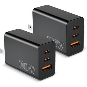 [2-Pack] USB C Wall Charger 3-Port,100W GaN Multiport Fast Charging Charger Block, PD+QC Power Adapter Plug for iPhone 17 Air/16/15/14/13/Pro Max/XS/XR, MacBook Pro/Air,iPad, Samsung S25/S24, and More