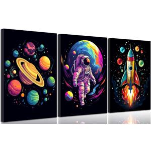 3pcs Nursery Astronaut Canvas Wall Art Abstract Colorful Galaxy Spaceman Paintings Pictures Wall Decor Planets Cosmos Rocket Posters Prints Artwork for Boys Room Kids Room Classroom Home Decoration.