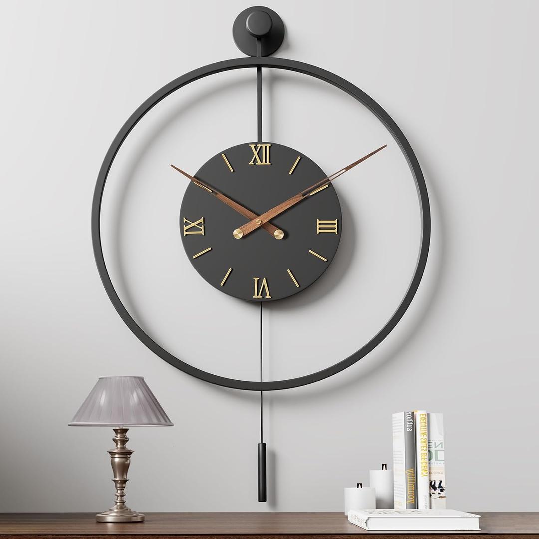 34.624 Inch Large Modern Decorative Oversized Pendulum Wall Clocks for Living Room,Big Minimalist Metal 3D Roman Numeral Dial,Classical Wall Clock With Walnut Pointers for Entryway,Dining Room Decor, Black Roman