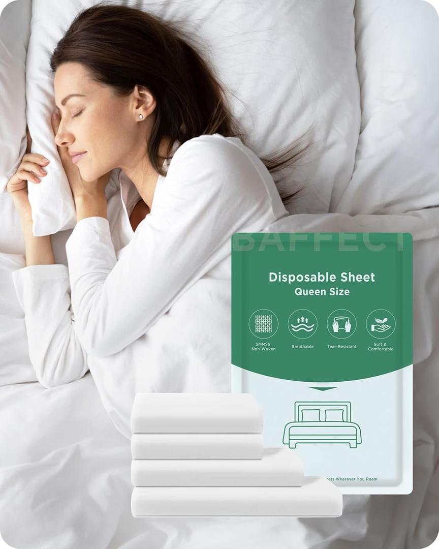 Baffect 2 Pack Disposable Bed Sheets Fitted Sheets, Disposable Sheets for Travel with Quilt Covers, Pillow Cases and Toilet Seat Covers, Disposable Bedding for Travel, Hotel (Queen Size)