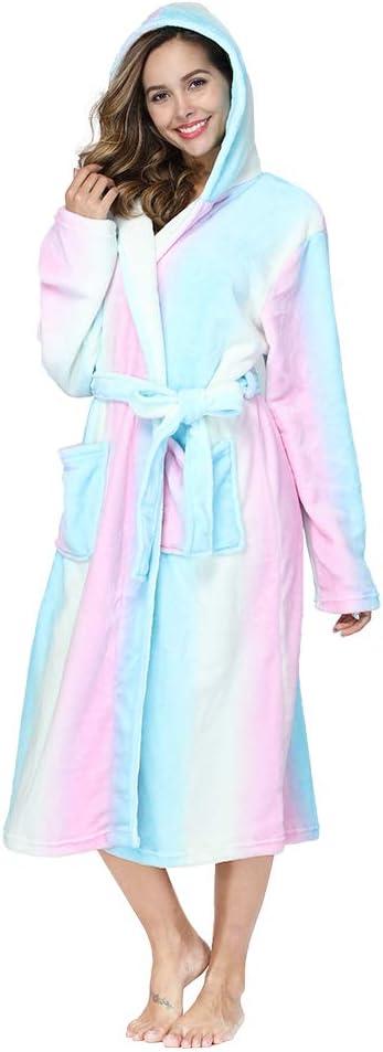 RONGTAI Womens Robes Plush Fleece Hooded Bathrobe Thick Nightgown with Pockets Fluffy Sleepwear (X-Large, Rainbow)