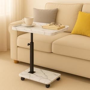 Adjustable Height C Shaped Side Table with Wheels, Rolling Sofa Couch End Table, 360 Swivel Laptop Desk TV Tray, Bedside Snack Table for Small Spaces Living Room Bedroom (Marble Pattern)