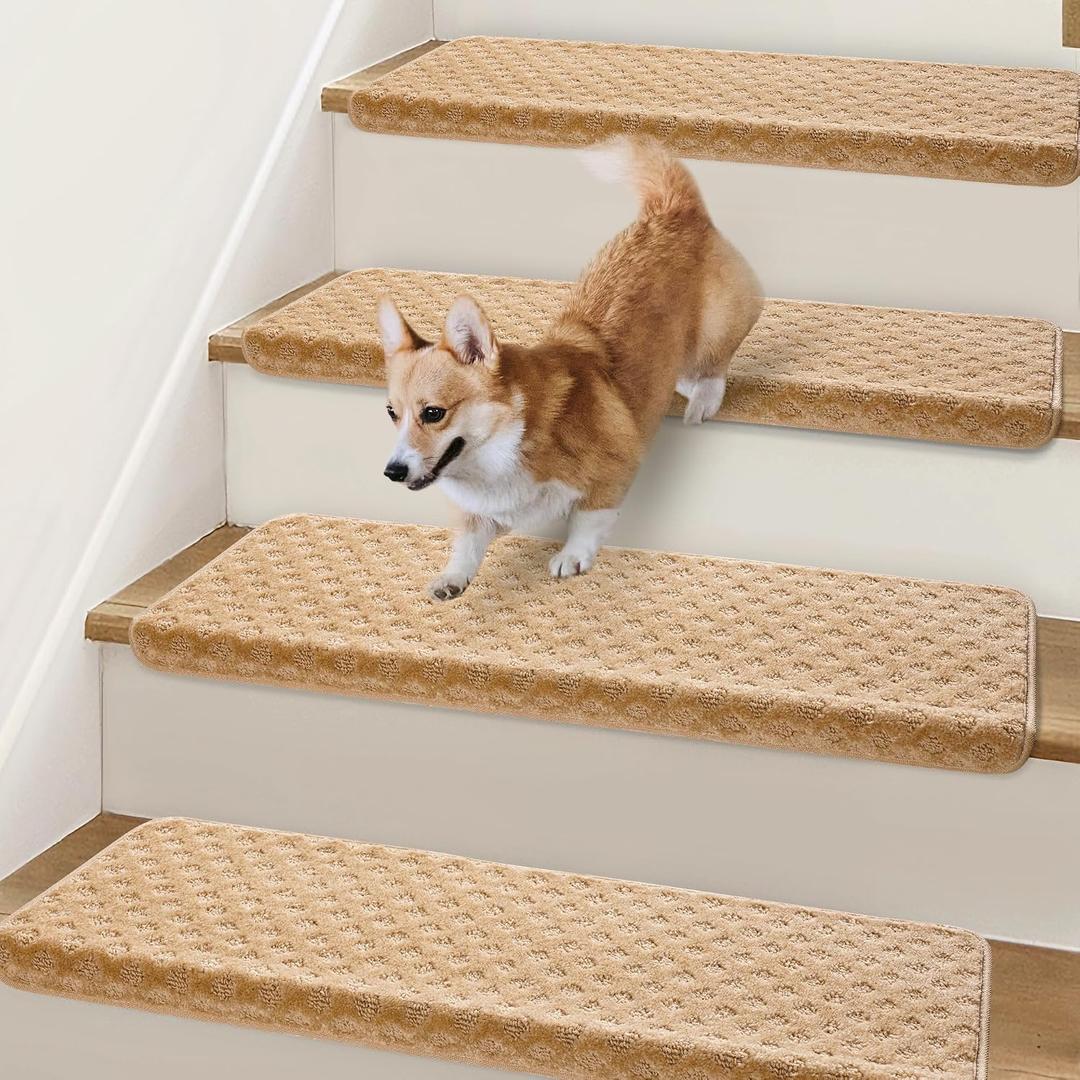 Bullnose Stair Treads Non Slip 9.5" x 32", 14 Pcs Carpet Stair Treads for Wooden Steps Indoor with Edge Protection, Reusable Peel and Stick TPU Backing Stair Runner Rugs - Lattice Pattern Beige