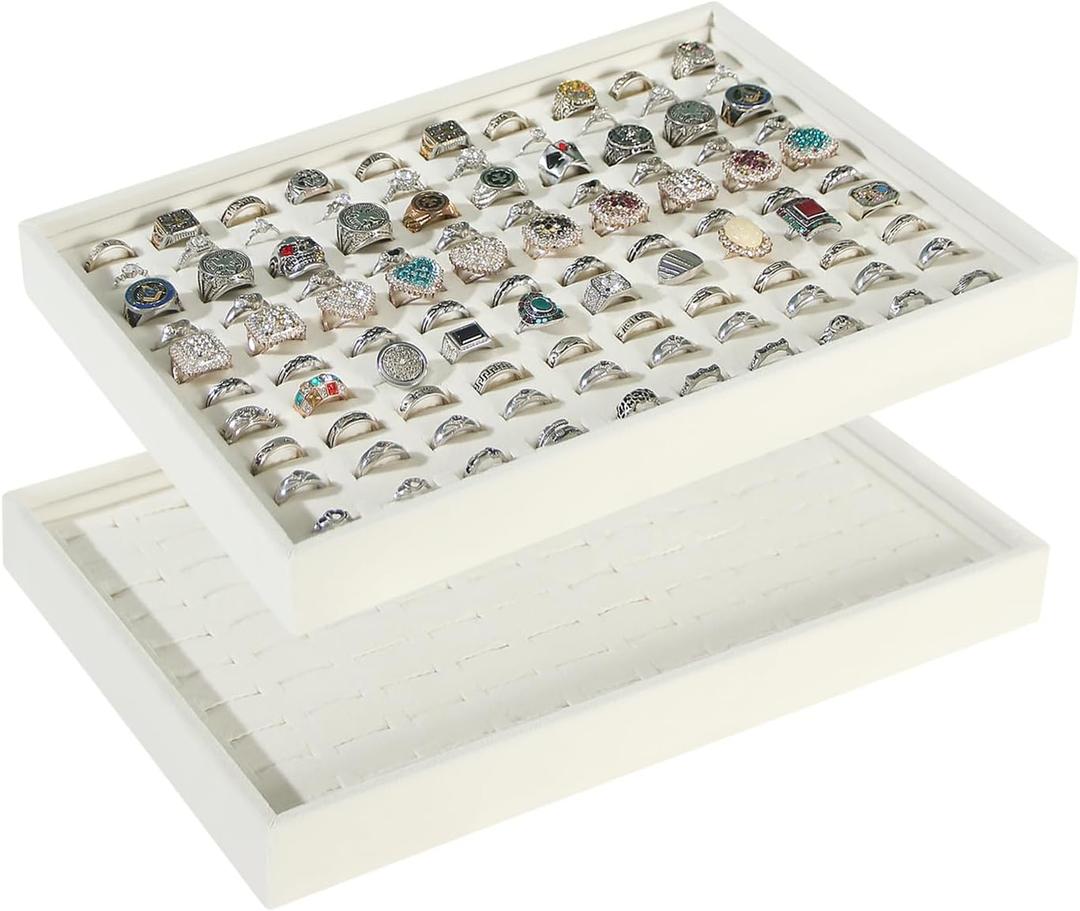 Byken 2 Pcs Ring Organizer Dish Tray,Stackable Jewelry Organizer Trays for Drawer,100 Slots Rings Jewelry Displays for Selling (Beige)