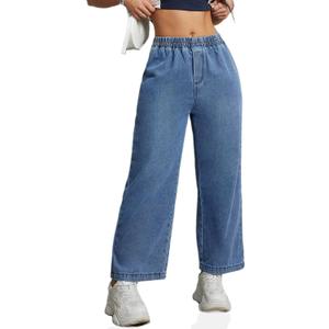 Womens Pull On Wide Leg Jeans 90s Stretch High Waisted Crop Denim Pants for Women 2024 Trendy, Large Light Blue