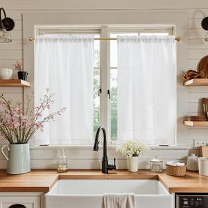 jinchan Kitchen Curtains Linen Tier Curtains 45 Inch Farmhouse Cafe Drapes for Small Window Flax Country Rustic Rod Pocket Bathroom Laundry Room RV Light Filtering 2 Panels White, 26"W x 45"L