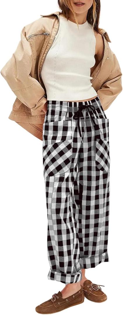 Acelitt Women Casual Loose Drawstring Elastic Waist Checkered Pants with Pockets, S-XXL (L)