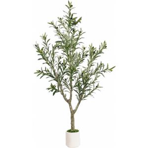Olive Trees Artificial Indoor, 5ft Tall Olive Tree with White Planter, Faux olive tree with Natural Wood Trunk & Realistic Leaves & Lifelike Fruits, Artificial Plants for Home Decor Office Living Room
