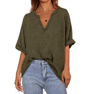 MASCOMODA Oversized T Shirts for Women V Neck Short Sleeve Casual Tops Summer Trendy Basic Tunic Loose Fit Tee Shirt (Green, M)