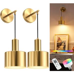 NIORSUN Battery Operated Wall Sconce Set of 2, Gold Wireless Rechargeable Wall Lights with 5200mAh Dimmable Detachable Bulbs and Remote, 9 Colors Sconces Wall Decor for Bedroom Living Room Hallway
