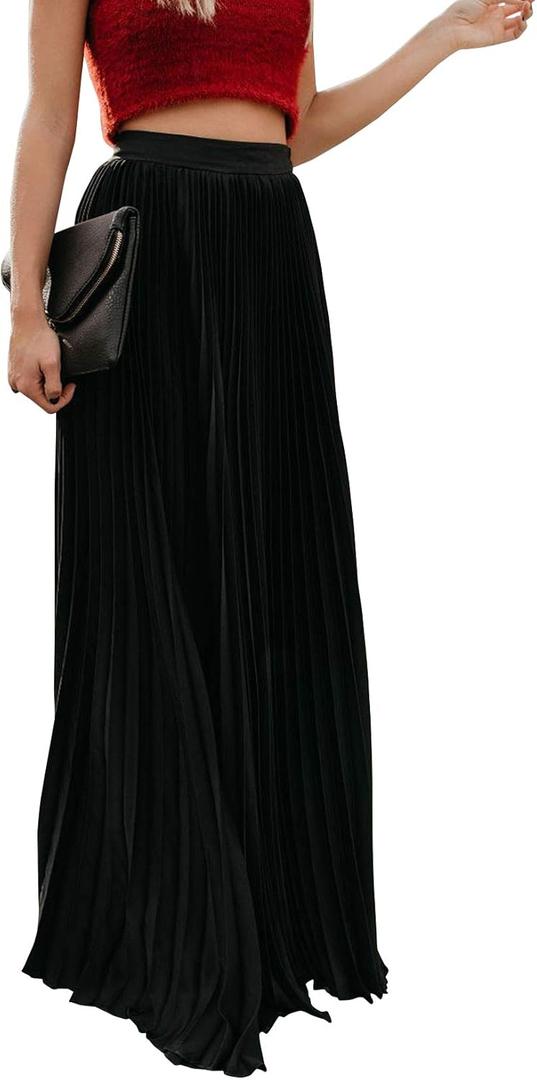 ebossy Women's High Waist Flowy Pleated Chiffon Maxi Skirt (Medium, Black)