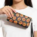 Halloween Pumpkin Wallet for Women, PU Faux Leather Zip Around Wallet with Wristlet, 12 Card Slots Large Capacity Credit Card Holder