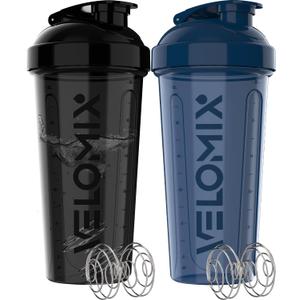 VELOMIX 2 Pack 28oz Protein Shaker Bottle for Protein Mixes, A7) Blue / Black