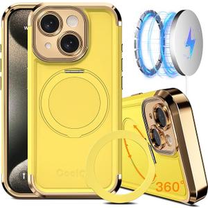 COOLQO for iPhone 15 Case 6.1'' Upgraded 360° Spin Magnetic Stand [Compatible with Magsafe][Military Protection] Plating Matte Scratch-Resistant Back Protective Shockproof Phone Case, Yellow Gold