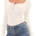 Amoretu Womens Henley Tops Long Sleeve Scoop Neck Tshirts Ruched Fitted T Shirts (Black, L)