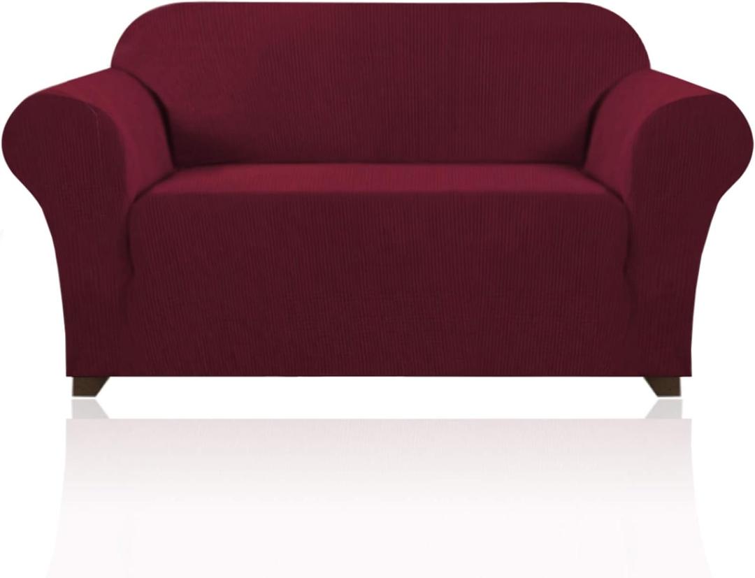 Prince Deco Stretch Loveseat Sofa Cover Slipcover Couch Cover for 2 Cushion Sofa Washable Sofa Cover for Pets Friendly Furniture Protector Covers with Non Slip Bottom (Loveseat, Burgundy Red)
