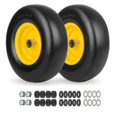 13x5.00-6 Flat Free Lawn Mower Tire and Wheel, Smooth Tread Tire for Lawnmower, Bearing Bore Hole 3/4" & 5/8, 3.25"-5.9" Centered Hub, 2 PCS Yellow Black