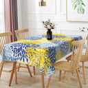 54x108inches Navy Blue Yellow Flowers Tablecloth Abstract Dahlia Floral Rectangle Table Cloth Modern Geometric Polyester Table Cover for Dining Room Kitchen Home Decor Banquet Party Supplies