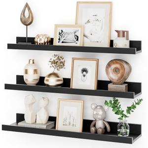 Heimlove 24 Inch Picture Ledge Shelf with Lip,Black Floating Shelves for Wall Set of 3,Wall Shelves in Varying Depths for Living Room,Bedroom,Nursery,Bookshelf