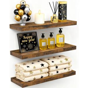 BAYKA Floating Shelves Bathroom for Wall  Shelf Over Toilet Farmhouse Rustic Wood for Bedroom, Kitchen, or Living Room Decor Organization Display Shelving  Rustic Brown, Set of 3 (15.7inches)