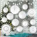21 Pcs White Snowflake Decorations Christmas Paper Hanging Fans Decor Winter Wonderland Party Decorations with Frozen Snowflake Garland Star Hanging for Xmas Winter Wedding Birthday