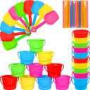 Sand Buckets and Shovels Set for Kids - Plastic Bucket Beach Pail with 100 Straws for Summer Holiday Party Favors(20 Sets)