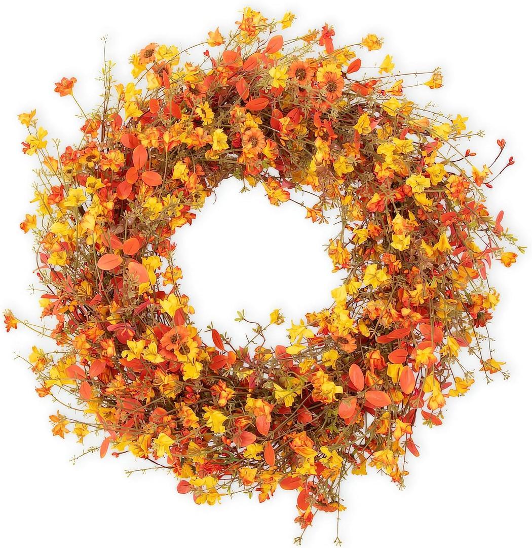 22 Inch Fall Wreaths for Front Door Artificial Orange Eucalyptus Berry Autumn Wreath with Daisy Jasmine Flowers Farmhouse Fall Flower Wreath for Front Door Outside Indoors