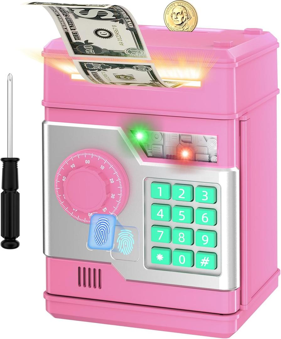 Piggy Bank, Automatic Electronic Piggy Bank for Kids Boys Girls with Password and Fingerprint Unlocking Simulation, Money Bank Kids Safe Toys for 3 4 5 6 7 8 9 10 Year Old Boy Girl (Light Pink)
