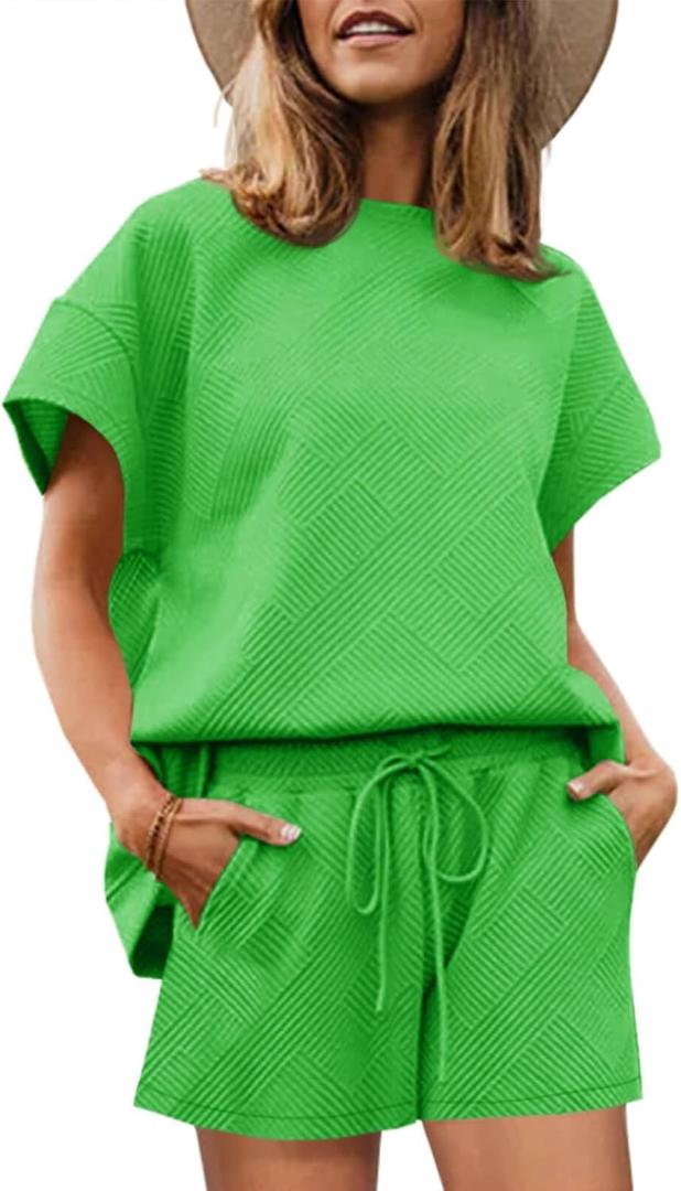 Imily Bela Womens Loungewear Set Short Sleeve Tops and Shorts 2 Piece Outfits Plus Size Oversized Pajama Set with Pockets (Green)
