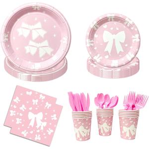 Pink Bow Plates and Napkins, Cups, Cutlery Set Serve 16, 112 Pcs