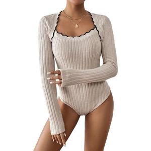 SOLY HUX Women's Long Sleeve Bodysuit Square Neck Knit Slim Fitted Going Out Tops Fall Clothes (S)