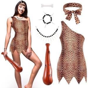 Ramede 6 Pcs Caveman Costume Set for Women Include Jungle Costume Headband Inflatable Cave Bat Necklace Bracelet and Hairpin M