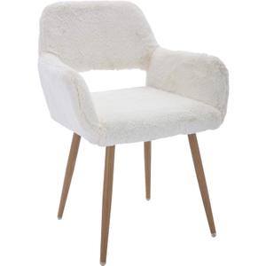 KCC Furry Desk Chair, Mid-Century Modern Accent Comfy Armchair with Faux Fur for Teen Girls, Wood Look Metal Legs Living Dining Room, Home Vanity Makeup Office No Wheel, White. (1 PC)